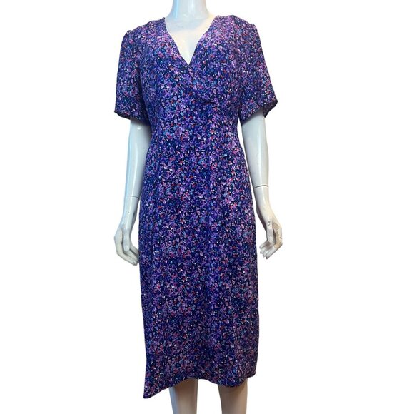 BCBGeneration Wrap Midi Dress Floral Print 3/4 Sleeve V-Neck Blue Pink Size 10 - Picture 1 of 10